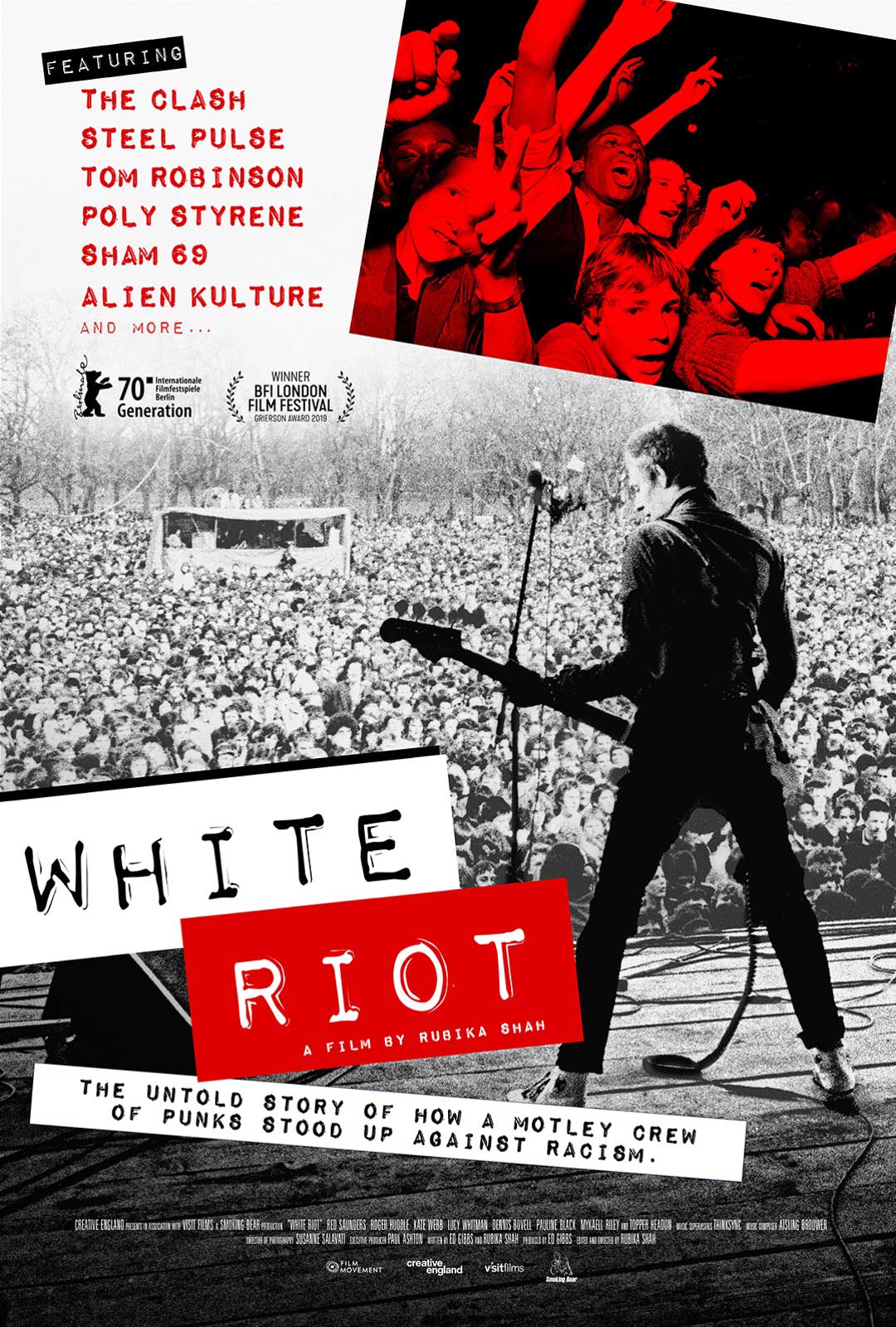 White Riot poster featuring grainy b&w image of Paul Simonon from The Clash playing in front of a crowd at Rock Against Racism's 1978 concert. photo ©Syd Shelton
