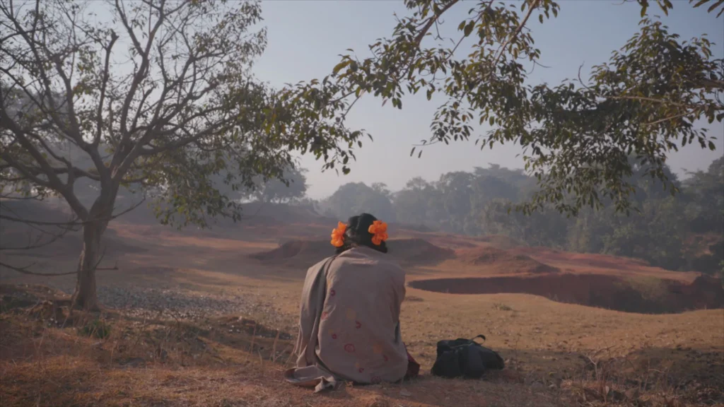 Still from "To Kill a Tiger" film. A young woman wearing big orange flowers in her dark hair is seen from the back. She is wrapped in a grey shawl and seated in a beautiful landscape.