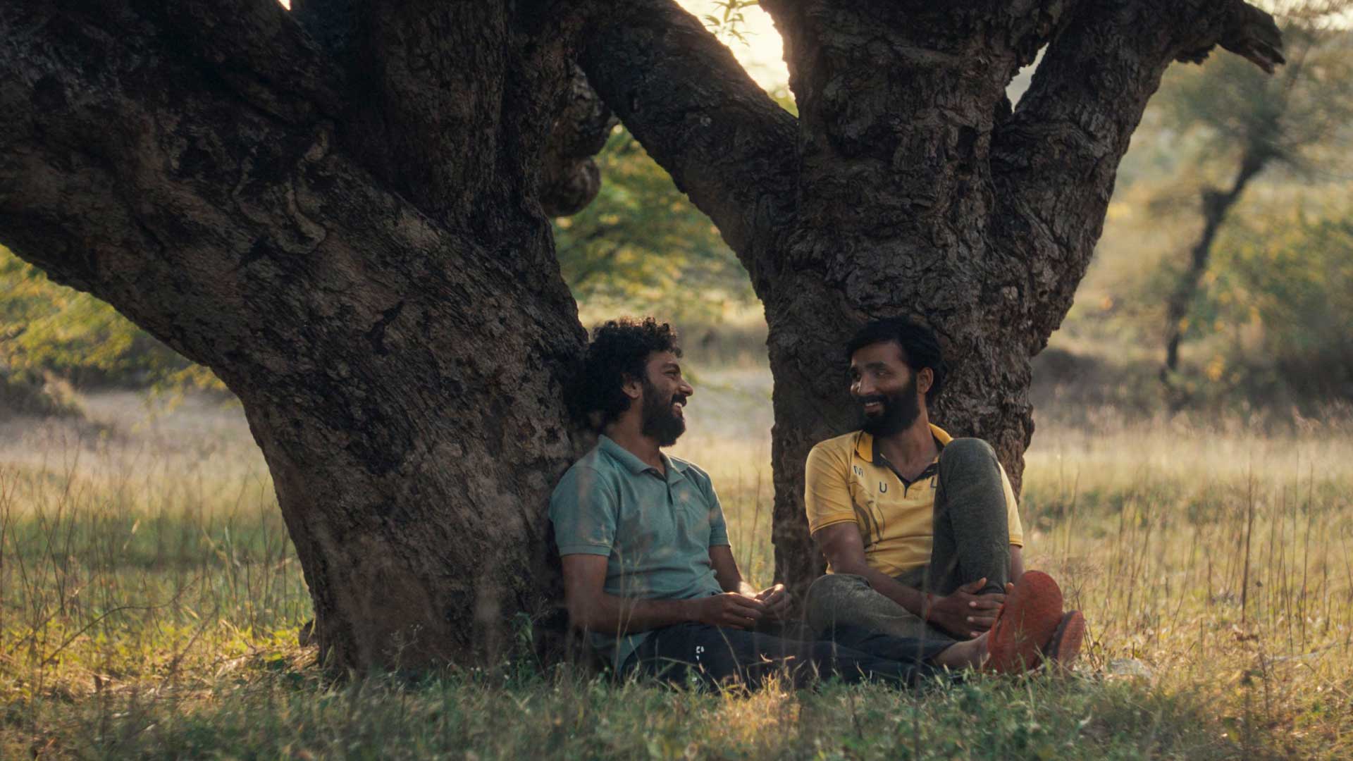 CactusPears_websize Two young South Asian men lean against trees in a field, laughing and talking. A still from the film Cactus Pears.
